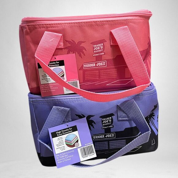 Trader Joes Mini Insulated Tote Bag Bundle Pink & Lavender Set Of 2 NEW - Picture 1 of 5